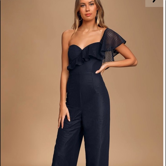 Lulus Pants - Navy Blue One Shoulder Dressy Jumsuit